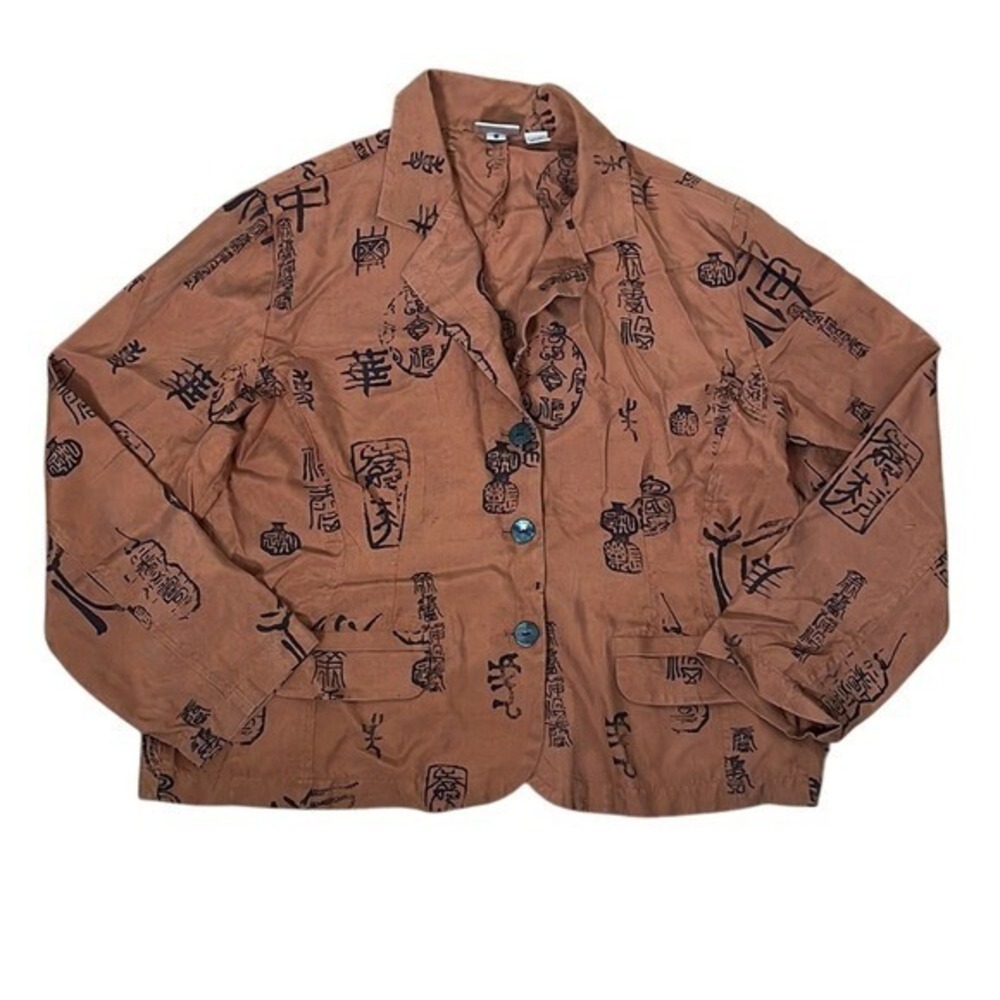Chicos Silk Blazer Jacket Brown Asian Script Print Button Front Size‎ 2 US L